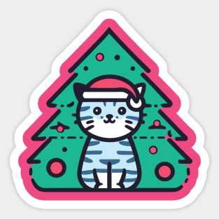 Meowy Catmas - Cute Blue Cat In A Green Christmas Tree Sticker